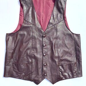 Men’s Custom Dark Brown Leather Vest w/Front Pockets & Buttons, Size 46R
